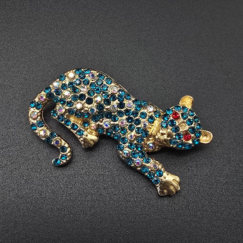 Blue Rhinestone Panther Leopard Brooch Big Cat Red Eyes